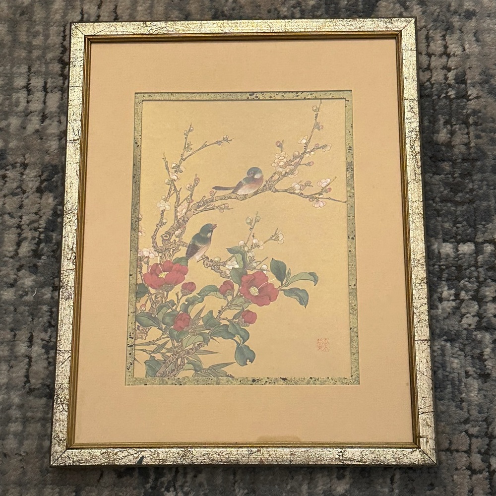 Mid Century Vintage Bird & Blossom Asian Art Print Gold Frame Wall Decor ✨